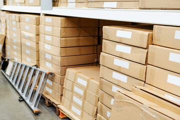 Many cardboard boxes with goods are in the wholesale warehouse. There are a lot of packages with white labels on the shelves. selective focus
