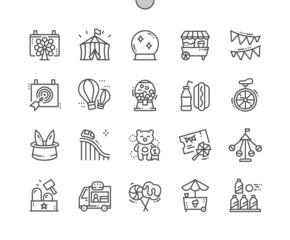 Fair. Candy machine. Circus and magic ball. Burger car. Dart board. Pixel Perfect Vector Thin Line Icons. Simple Minimal Pictogram
