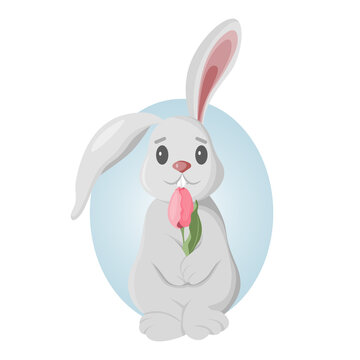 Cute illustration of a rabbit holding a tulip in its paws. Easter bunny. Vector