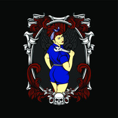 garage girl with rockabilly fashion illustration with awesome background