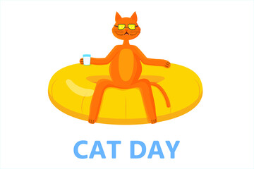 Vector illustration on the theme of the day of the cat. A happy red cat riding an inflatable ring, with a glass of milk in his paw, enjoys the moment. For postcards