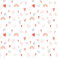 Seamless pattern with simple rainbows, hearts, texture spots, dots. The simple minimalistic background is perfect for wrapping paper, children's textiles. Vector isolated on a white background.