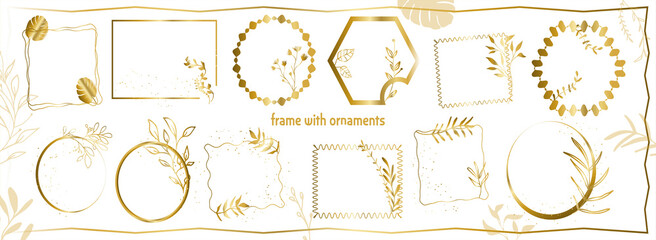 Set of floral frames with different grasses, ferns and leaves. Flower wreaths with ornaments and gold glitter effects. Element design. Vector illustration. Flora. Gold.