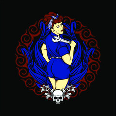 garage girl with rockabilly fashion illustration with awesome background