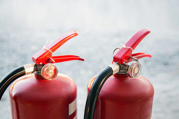 Close up fire extinguisher for protection and prevent and safety rescue and use of equipment on...