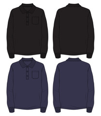 Naklejka premium Long sleeve Polo shirt With pocket technical fashion flat sketch vector Illustration Black, Navy Color Mock up template front and Back views isolated on white Background. 