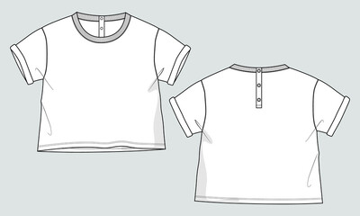 Short sleeve Basic T-shirt technical fashion flat sketch vector Illustration template front and back views. Basic apparel Design Mock up for Kids Isolated on Grey background.

