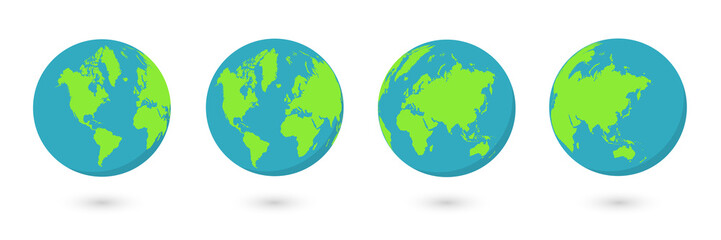 Earth. Set of globe shaped world map. Planet with continents. Vector