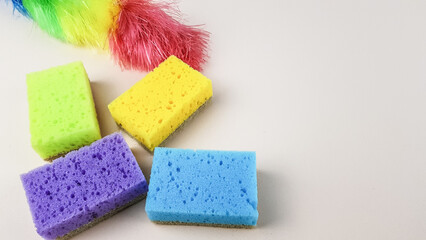 bright sponges for washing dishes. large-scale cleaning of the house in the spring.