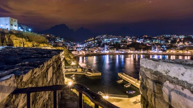Ulcinj old town view at night, ulcinj montenegro time lapse sea coast view by night.