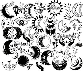 Celestial moon. Black and white Moon phase with flower. Mystical boho moon, crystal, sun, flowers. Witchy moon clipart. Ramadan symbol. Vector illustration
