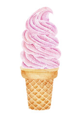 Watercolor ice cream in waffle cup isolated on white background.