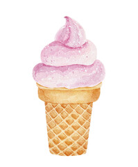 Watercolor ice cream in waffle cup isolated on white background.