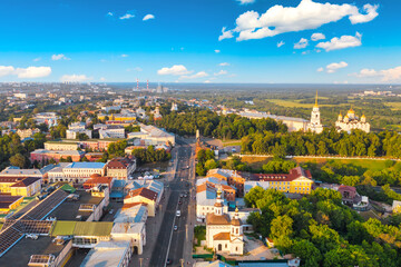 Aerial drone view of Assumption Cathedral and the city center of Vladimir, Russia