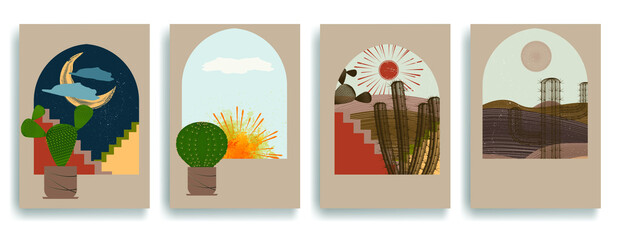 Poster with desert landscape, cactus and dunes in boho style .Minimal design with grunge elements . Trendy brochure . Vector illustration .