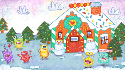 Obraz na płótnie Canvas Aliens Outside of a Gingerbread House. Winter Christmas Holiday Season Crayon Drawing and Doodling Hand-drawn Illustration. 