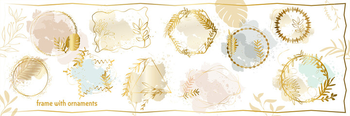 Set of floral frames with different grasses, ferns and leaves. Flower wreaths with ornaments and gold glitter effects. Element design. Vector illustration with colorful watercolors and gold.