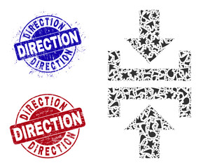Fototapeta premium Round DIRECTION unclean stamp prints with text inside round forms, and fragment mosaic press vertical direction icon. Blue and red stamp seals includes DIRECTION tag.