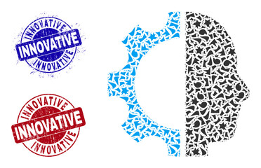 Round INNOVATIVE textured stamp seals with text inside round forms, and debris mosaic cyborg gear icon. Blue and red stamp seals includes INNOVATIVE caption.