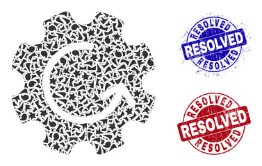 Round RESOLVED rough stamps with caption inside round forms, and detritus mosaic gear rotation icon. Blue and red stamps includes RESOLVED tag. Gear rotation mosaic icon of spall items.