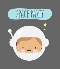 Party Invitation with Boy Cosmonaut in cartoon style. Vector illustration. For card, posters, banners, children books, printing on the pack, printing on clothes, fabric. Space theme.