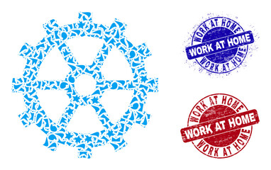 Round WORK AT HOME scratched seals with text inside circle forms, and spall mosaic gear icon. Blue and red stamp seals includes WORK AT HOME text. Gear mosaic icon of spall parts.