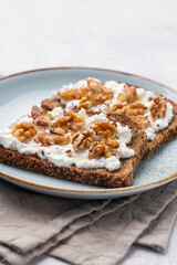 Sandwich with philadelphia and walnuts. Healthy nutritious paleo keto breakfast concept.