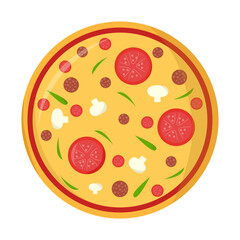 Pizza with cheese, tomato, mushrooms, sausage and herbs isolated on white background