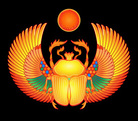 Scarabaeus sacer, Dung beetle. Sacred symbol of in ancient Egypt. Fantasy ornate insects. Isolated vector illustration. Spirituality, occultism, chemistry, occult sun tattoo. - obrazy, fototapety, plakaty