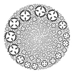 Gear center symbols are scattered into bubble group. Gear center icon round collage. Abstraction spheric globula collage is done with gear center symbols.