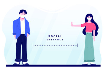 Men and women keep social distancing standing in public illustration vector concept.
