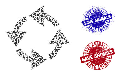 Round SAVE ANIMALS corroded watermarks with text inside round shapes, and debris mosaic recycle icon. Blue and red stamp seals includes SAVE ANIMALS text. Recycle mosaic icon of debris parts.