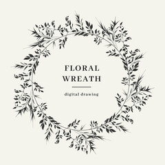 Floral wreath, Wildflower wreath. Elegant frame for invitation or wedding decor, Circle monogram from field blades of grass. Vector isolated illustration