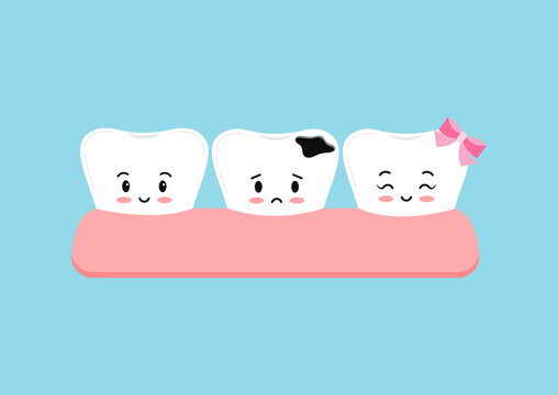 Tooth decay in gym cute dental character icon isolated on blue background. Sad tooth with caries hole and healthy smile teeth. Vector flat design cartoon style dentistry clip art illustration.