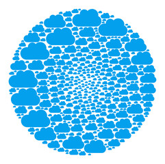 Cloud items are organized into globe collection. Cloud icon round mosaic. Abstract round cluster collage is organized with cloud icons.