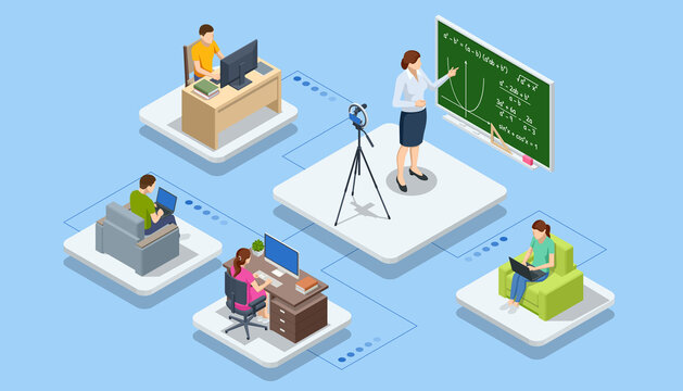 Isometric E-learning and Online Education for Student and University Concept. Webinar, Digital Classroom, Online Teaching Metaphors.