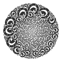 Horse farming items are arranged into sphere group. Horse farming icon round mosaic. Abstraction round globula mosaic is done with horse farming items.