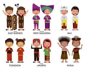Set of indonesian children illustration wearing traditional clothes from bali, west sumatra, borneo, tionghoa, papua, betawi.