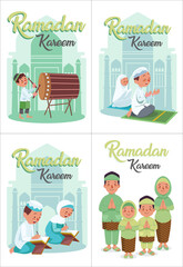 Set of illustration of family activity during welcoming Ramadan, like reading the Qur'an, praying and beat the drum.