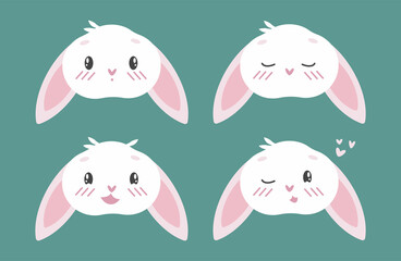 A set of cute emoji with the image of the faces of rabbits. Design for Easter. Vector illustration. Funny stickers.