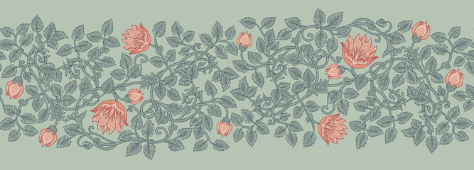 Floral vintage seamless border pattern for retro wallpapers. Enchanted Vintage Flowers. Arts and Crafts movement inspired. Design for wrapping paper, wallpaper, fabrics and fashion clothes.