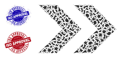 Round ISO APPROVAL grunge rubber prints with tag inside circle shapes, and detritus mosaic shift right icon. Blue and red stamps includes ISO APPROVAL tag. Shift right mosaic icon of detritus parts.