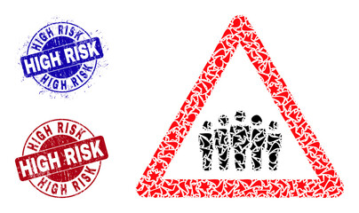 Round HIGH RISK unclean stamp seals with caption inside circle forms, and fraction mosaic crowd warning icon. Blue and red stamp seals includes HIGH RISK caption.