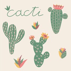 Set of cacti in cute style with lettering. Perfect for typography poster, card, label, brochure, flyer, page