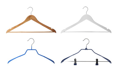 Set with different empty hangers on white background