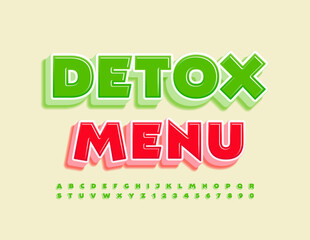 Vector healthy concept Detox Menu. 3D creative Font. Funny Green Alphabet Letters and Numbers set