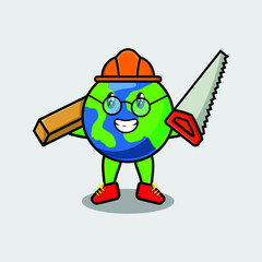 Cute cartoon earth as carpenter character with saw and wood in 3d modern style design