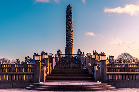 A panoramic view of The Monolitten sculpture in Vigeland Park open air art exhibition, Oslo, Norway