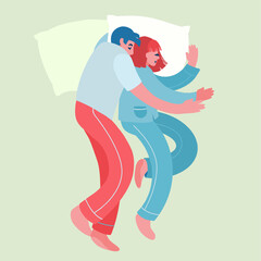 Fototapeta premium Cute young couple lying in bed and cuddling, view from the top.