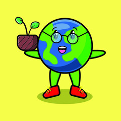 Cute cartoon earth holding plant in a pot 3d modern style design